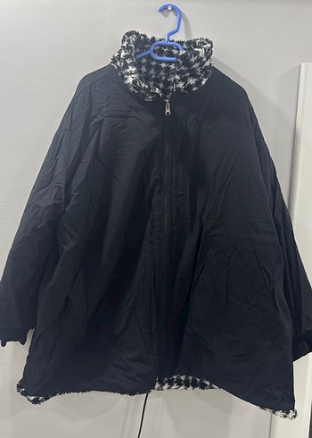 Siyah Beyaz Kazayağı Desenli  Çift Taraflı Peluş Kaban - Görsel 4