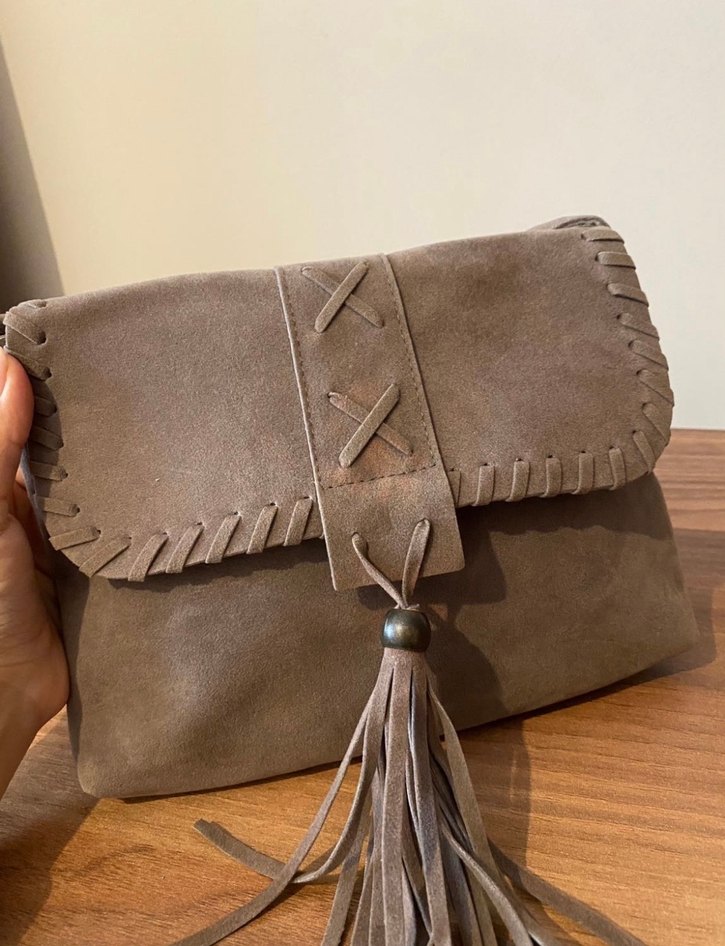 Bej Süet Püsküllü Bohem Kadın Çanta - Görsel 3