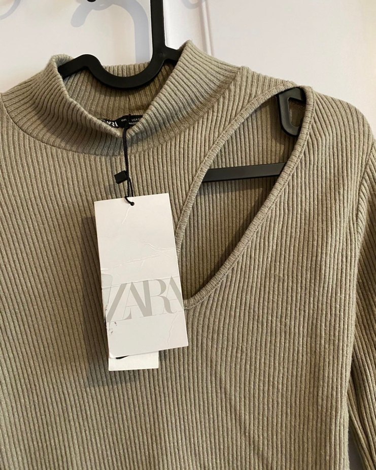 Zara Mint Yeşiki Uzun Kollu Triko Mini Elbise - Görsel 4