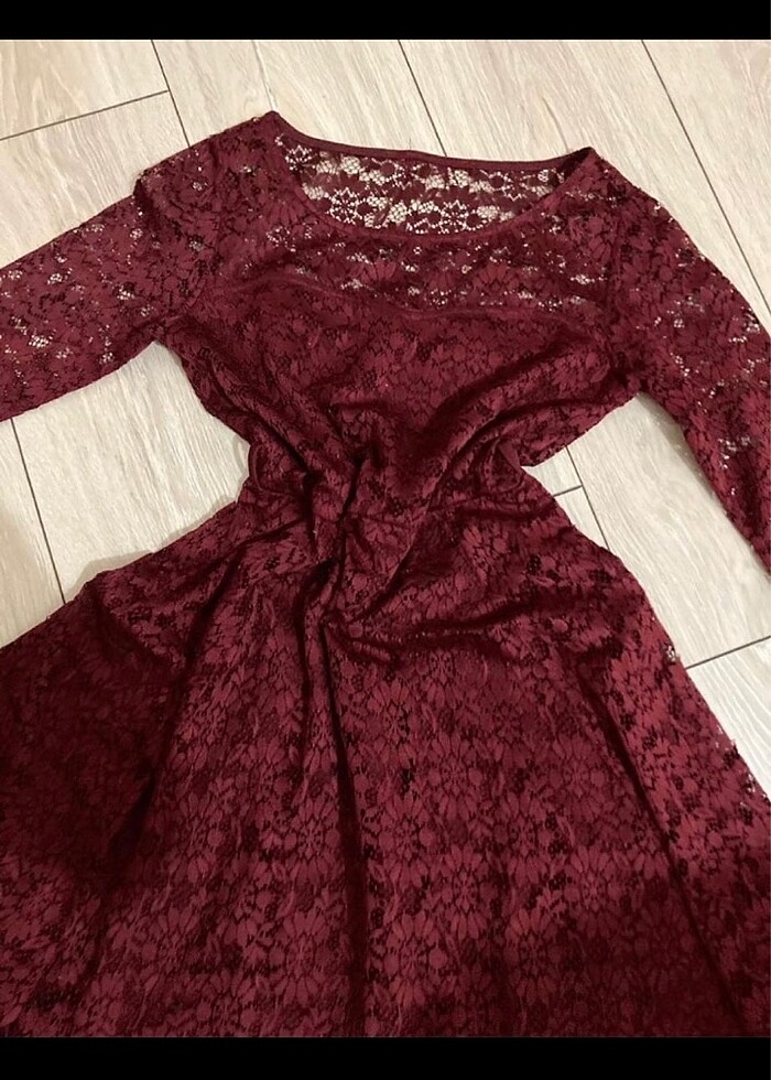 Bordo dantelli orta kol elbise - Görsel 2