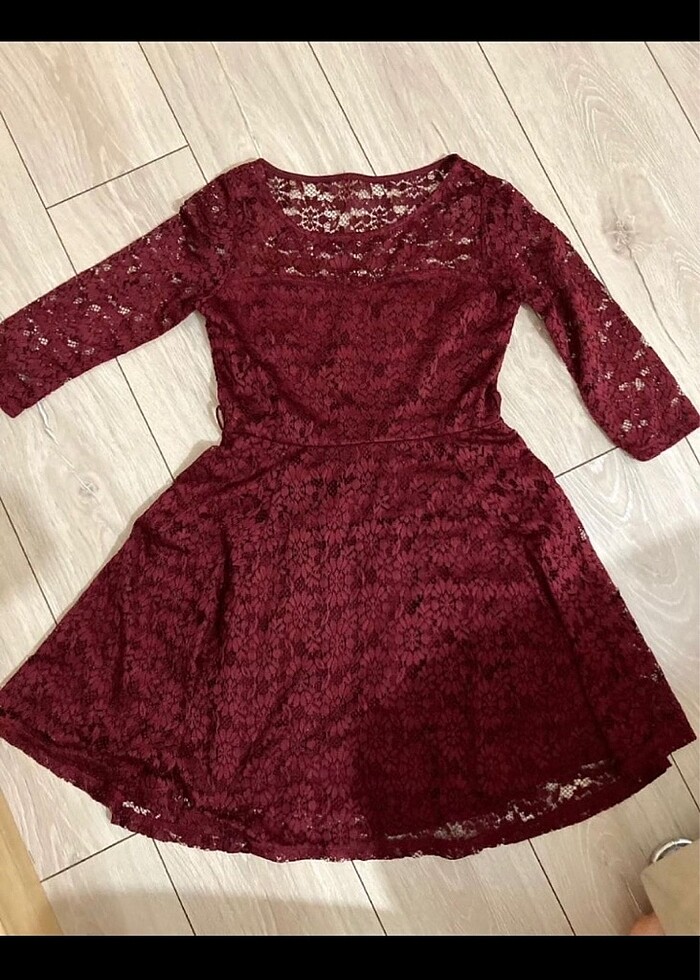 Bordo dantelli orta kol elbise - Görsel 3