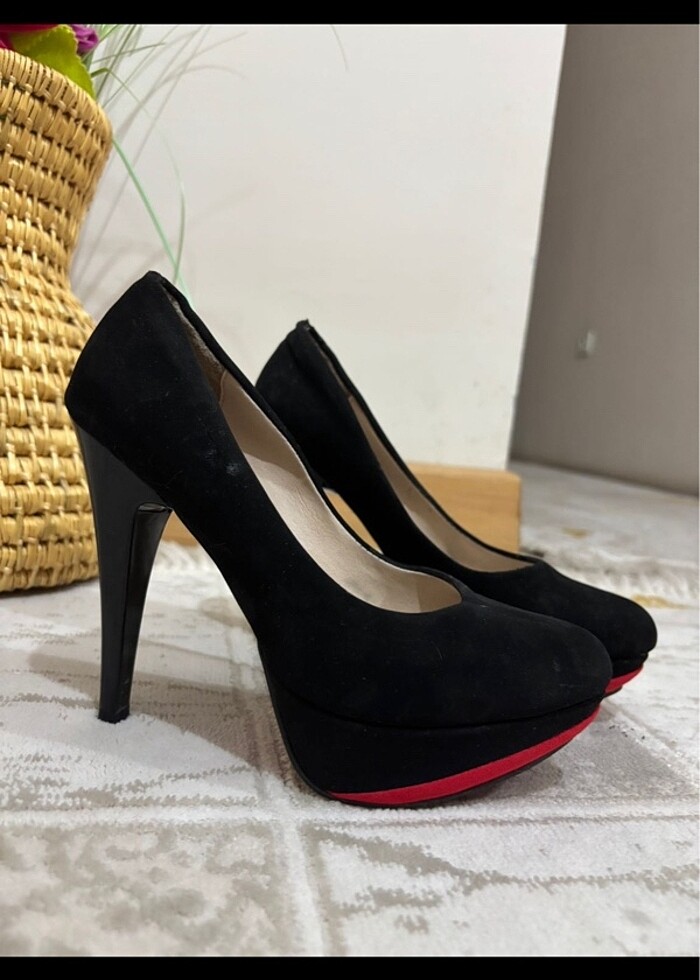 Yüksek platform asansör topuk siyah kırmızı topuklu ayakkabı - Görsel 2