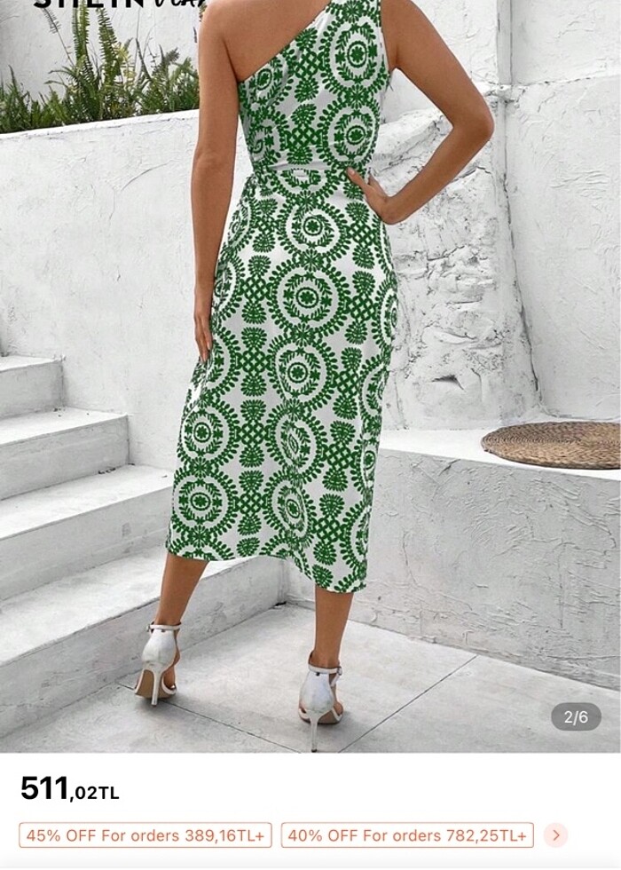 SHEİN X VCAY tek kol pencere detaylı yeşil beyaz desenli elbise - Görsel 3