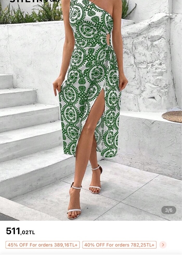 SHEİN X VCAY tek kol pencere detaylı yeşil beyaz desenli elbise - Görsel 4