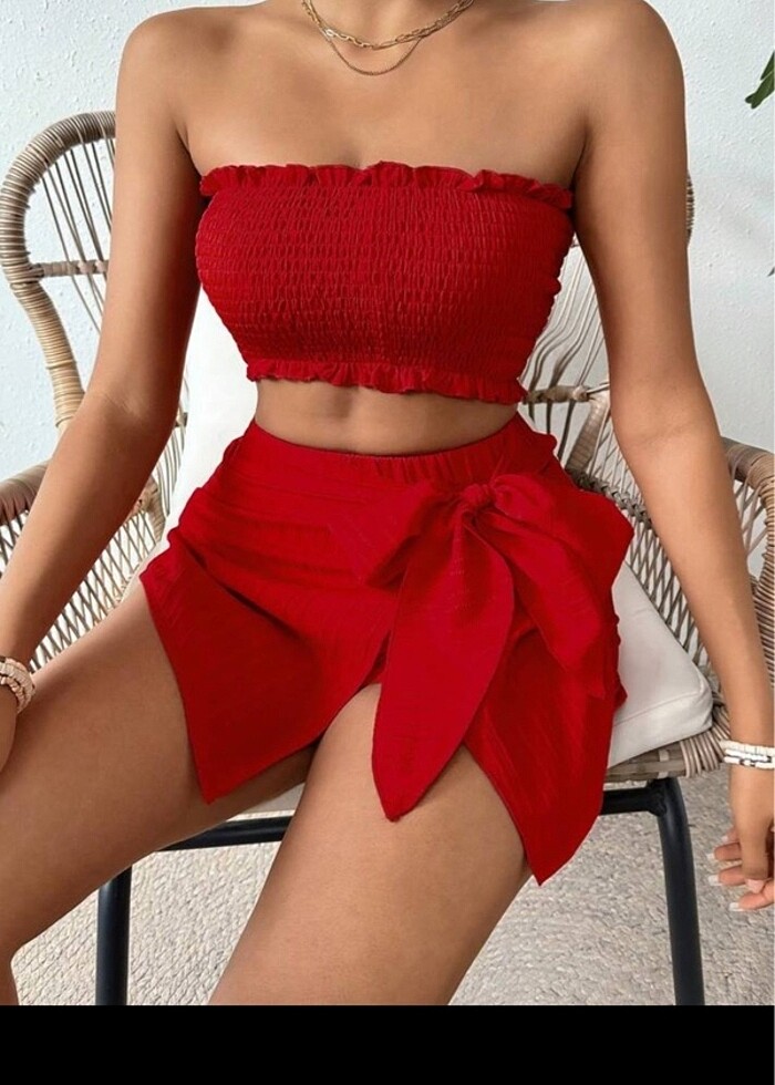 Shein x Vcay Straplez Bluz & Etek ikili alt üst takım - Görsel 2