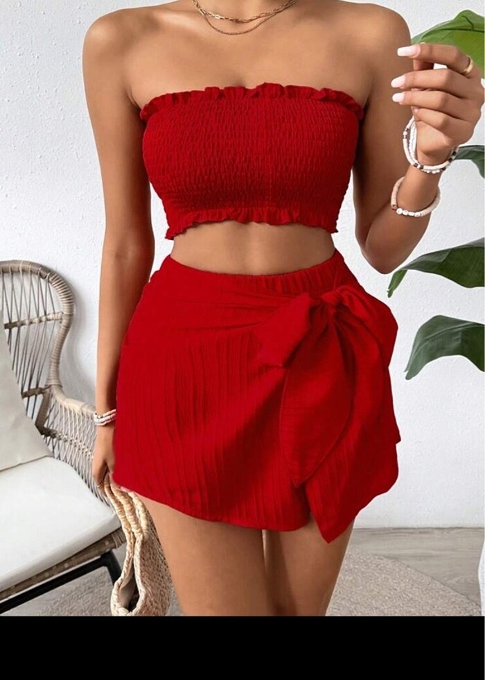 Shein x Vcay Straplez Bluz & Etek ikili alt üst takım - Görsel 3