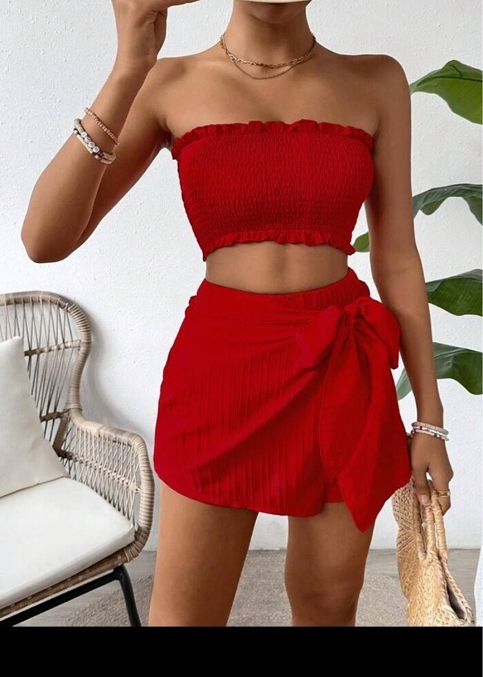 Shein x Vcay Straplez Bluz & Etek ikili alt üst takım - Görsel 5