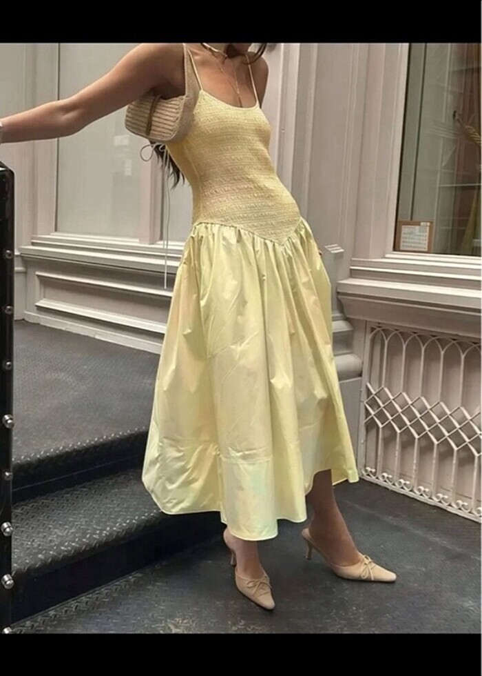 Yurtdışı viral uzun sarı elegant elbise - Görsel 5