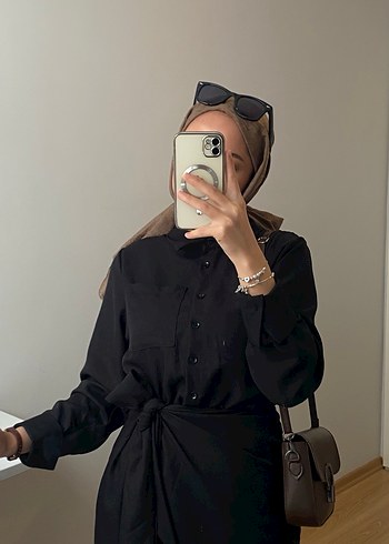 Siyah Uzun Kollu belden bağlama elbise - Görsel 2