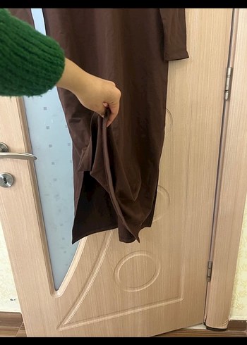 Kahverengi Uzun Kollu Düz Uzun Elbise - Görsel 3