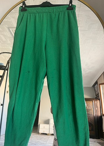 Düğmeli Yeşil Uzun Kollu Bol Kesim Keten Gömlek - Görsel 3