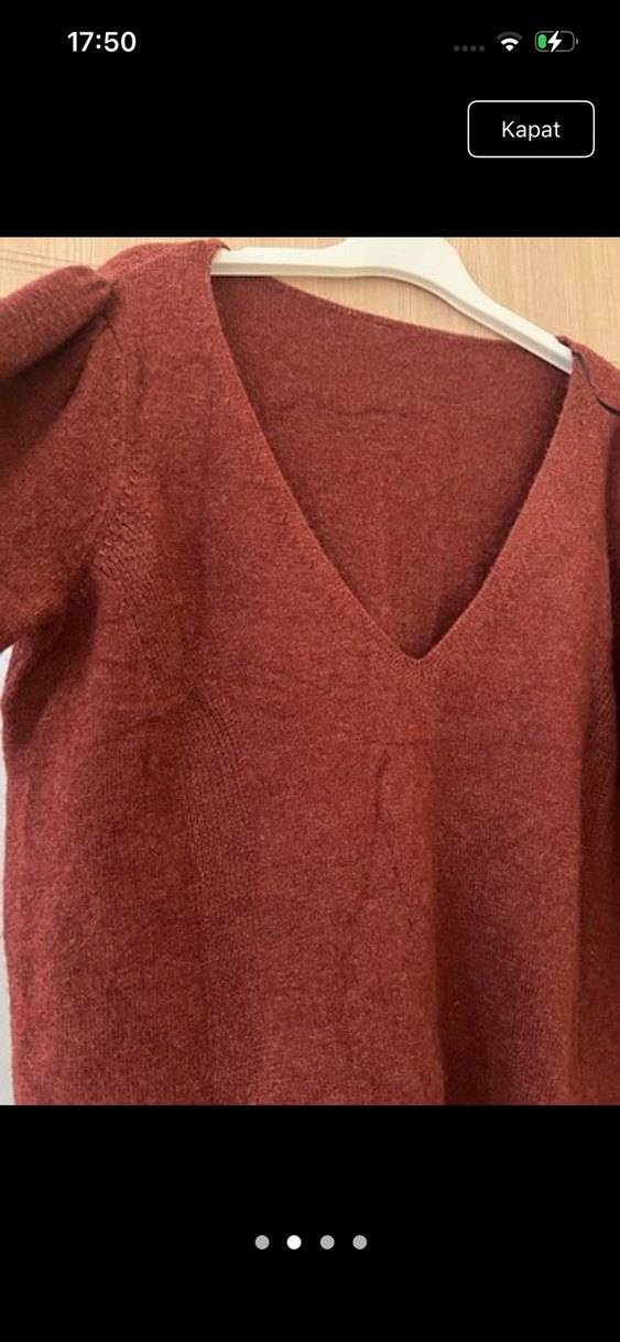 Bordo V Yaka Bohem Örgü Kadın Kazak - Görsel 2