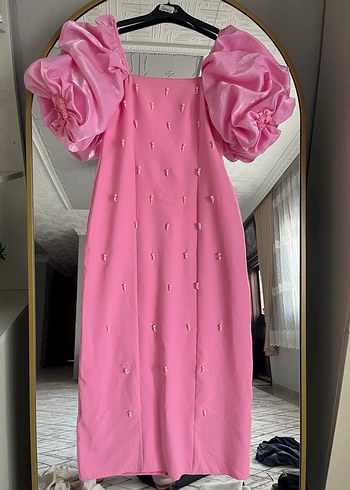 Pembe Mini Nakışlı Straplez Elbise - Görsel 3