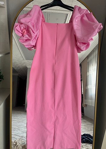 Pembe Mini Nakışlı Straplez Elbise - Görsel 2