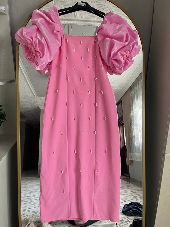 Pembe Mini Nakışlı Straplez Elbise - Görsel 3