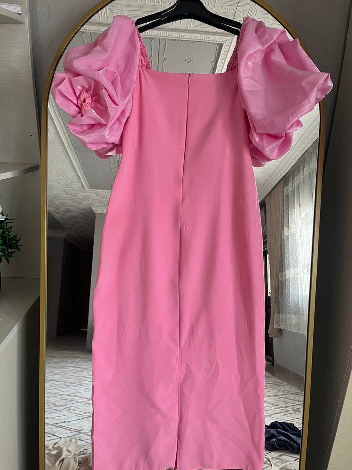 Pembe Mini Nakışlı Straplez Elbise - Görsel 2