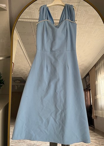 Mavi Drapeli V Yakalı Uzun Abiye Elbise - Görsel 3