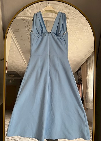 Mavi Drapeli V Yakalı Uzun Abiye Elbise - Görsel 5