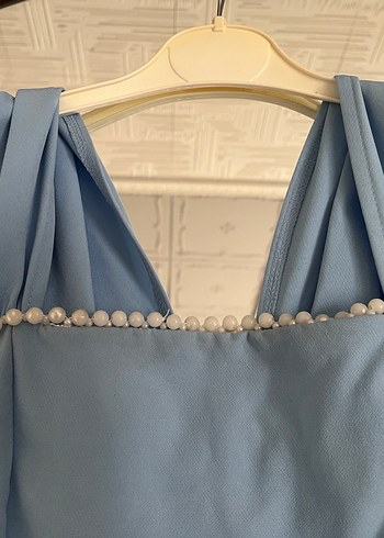 Mavi Drapeli V Yakalı Uzun Abiye Elbise - Görsel 2