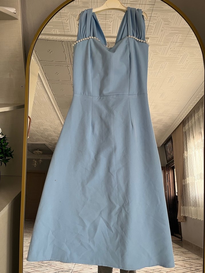 Mavi Drapeli V Yakalı Uzun Abiye Elbise - Görsel 3