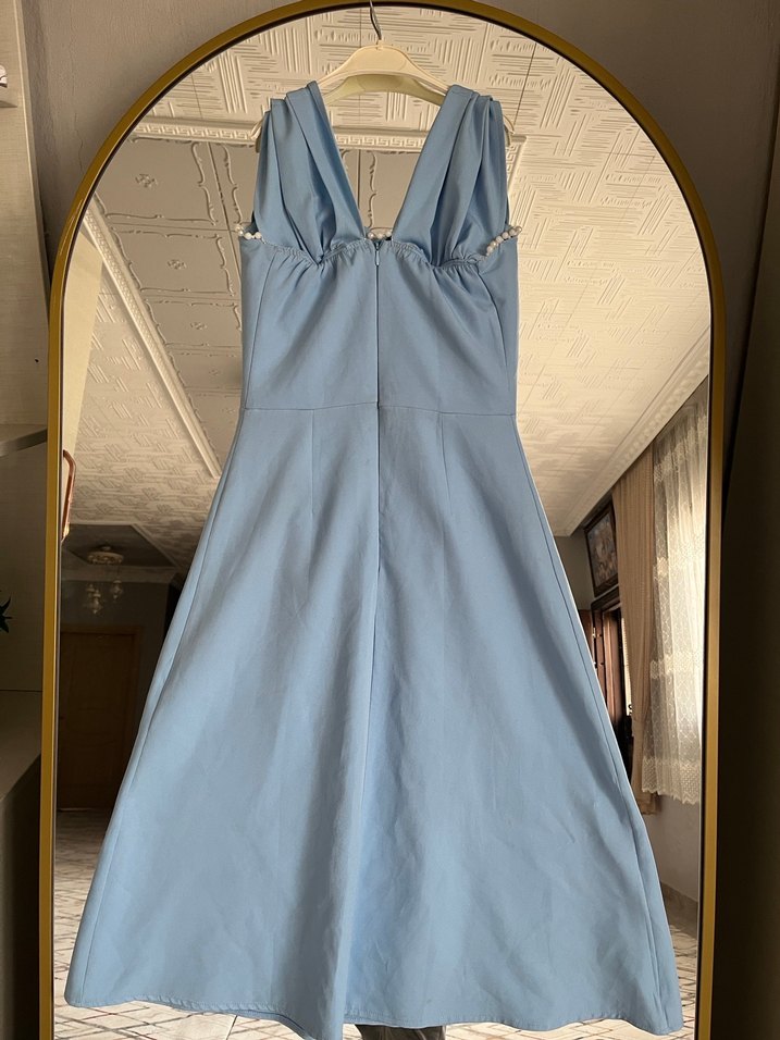 Mavi Drapeli V Yakalı Uzun Abiye Elbise - Görsel 5