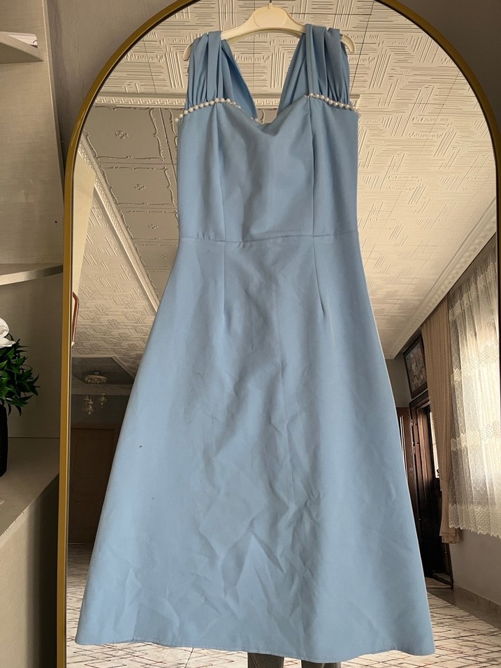 Mavi Drapeli V Yakalı Uzun Abiye Elbise - Görsel 4