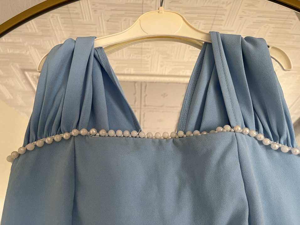 Mavi Drapeli V Yakalı Uzun Abiye Elbise - Görsel 2