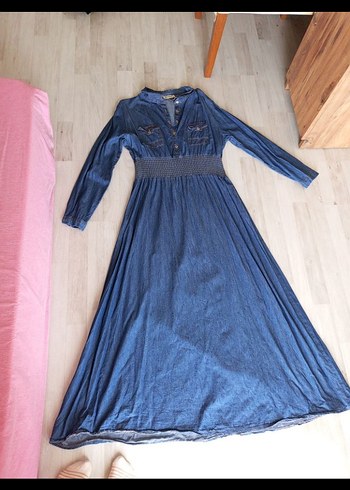 Uzun Kollu Bohem Denim Elbise