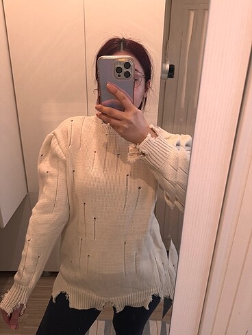 Yırtık Detaylı Premium Kalite Yumuşak Krem Renkli Triko Tunik Ka