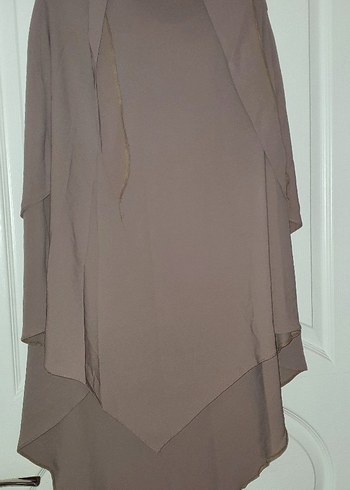 Bej Uzun Medine krip kumaşlı  Elbise - Görsel 4