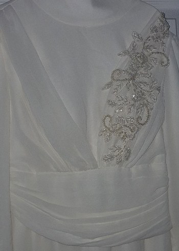 Drapeli Beyaz Uzun Kollu V Yaka Kadın Gelinlik - Görsel 2