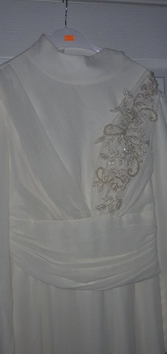 Drapeli Beyaz Uzun Kollu V Yaka Kadın Gelinlik - Görsel 2