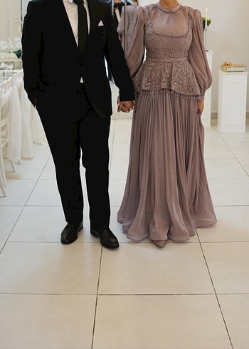 Gül kurusu Uzun Kollu Piliseli İşlemeli Abiye Elbise - Görsel 3