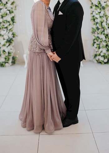 Gül kurusu Uzun Kollu Piliseli İşlemeli Abiye Elbise - Görsel 2