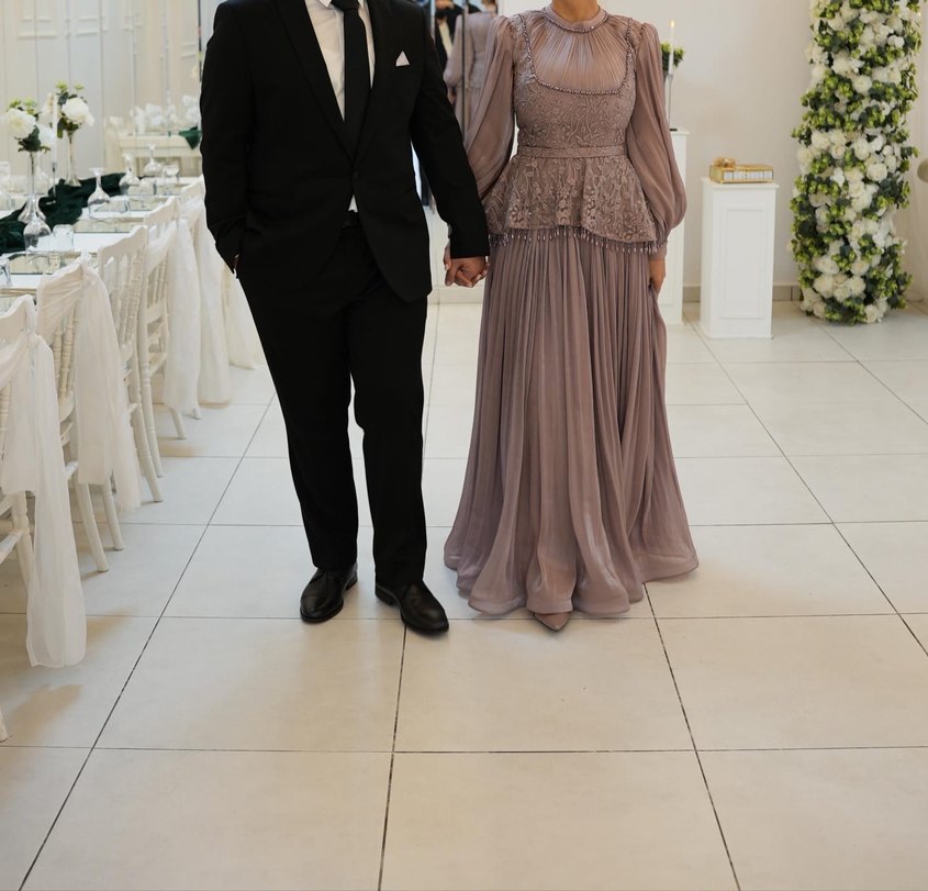 Gül kurusu Uzun Kollu Piliseli İşlemeli Abiye Elbise - Görsel 3