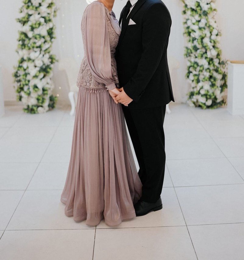 Gül kurusu Uzun Kollu Piliseli İşlemeli Abiye Elbise - Görsel 2