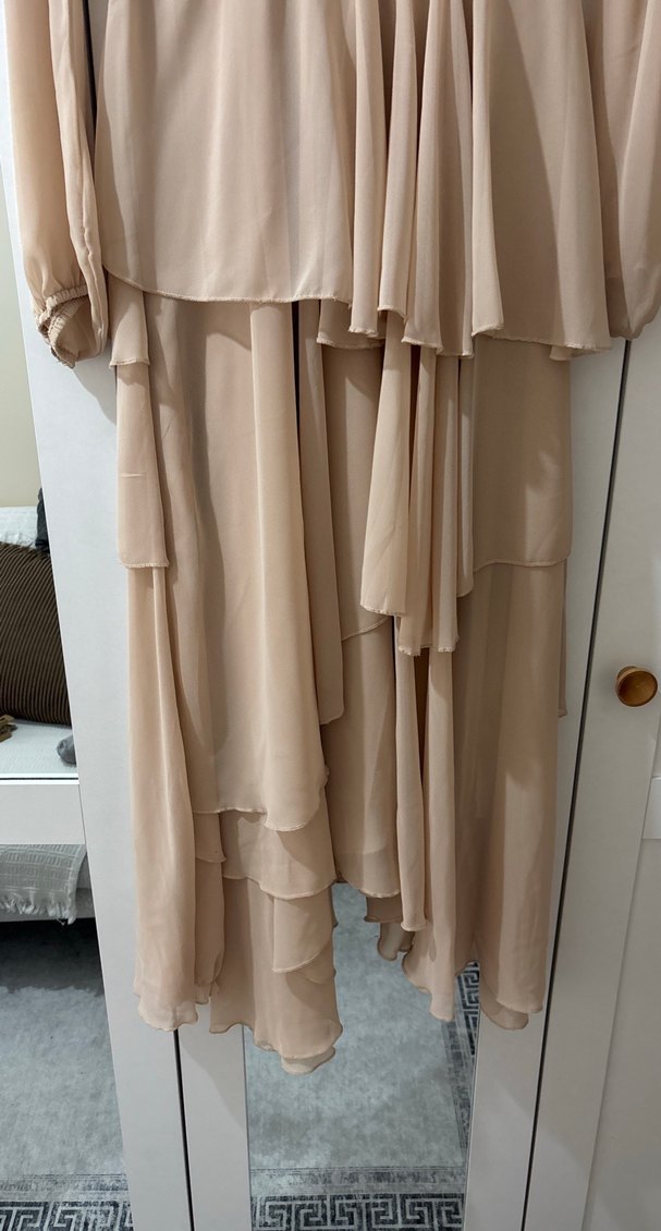 Bej Uzun Drapeli Kadın Elbise - Görsel 2