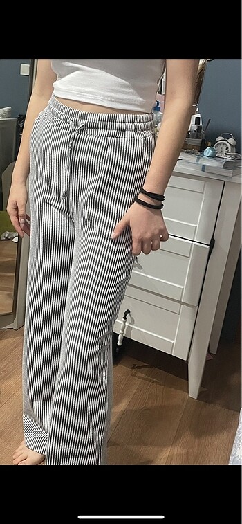 Stradi cizgili keten karısımlı pantolon - Görsel 3