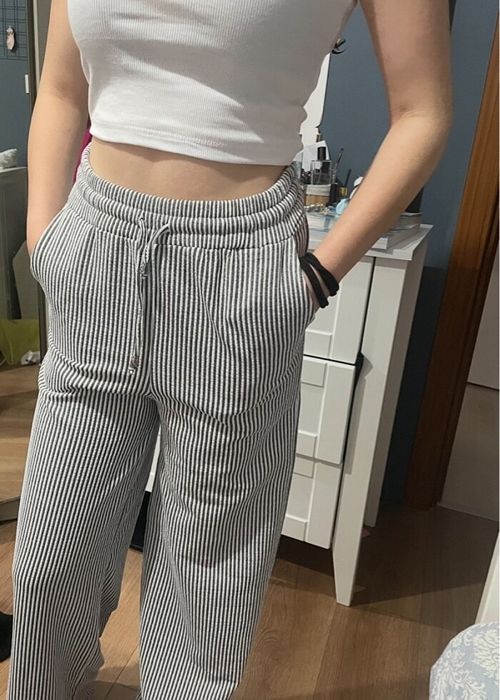 Stradi cizgili keten karısımlı pantolon - Görsel 2