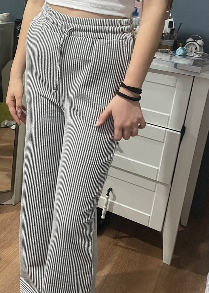 Stradi cizgili keten karısımlı pantolon - Görsel 3