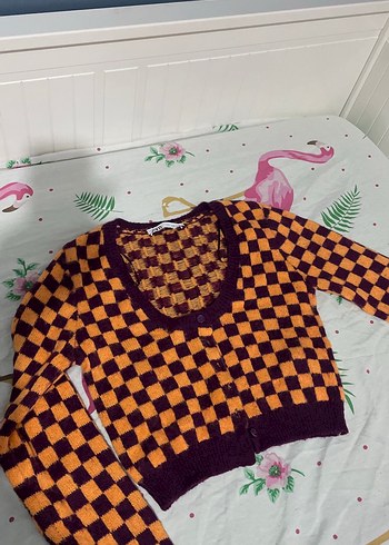 Kadın Çok Renkli Kareli V Yaka Triko Hırka - Görsel 2