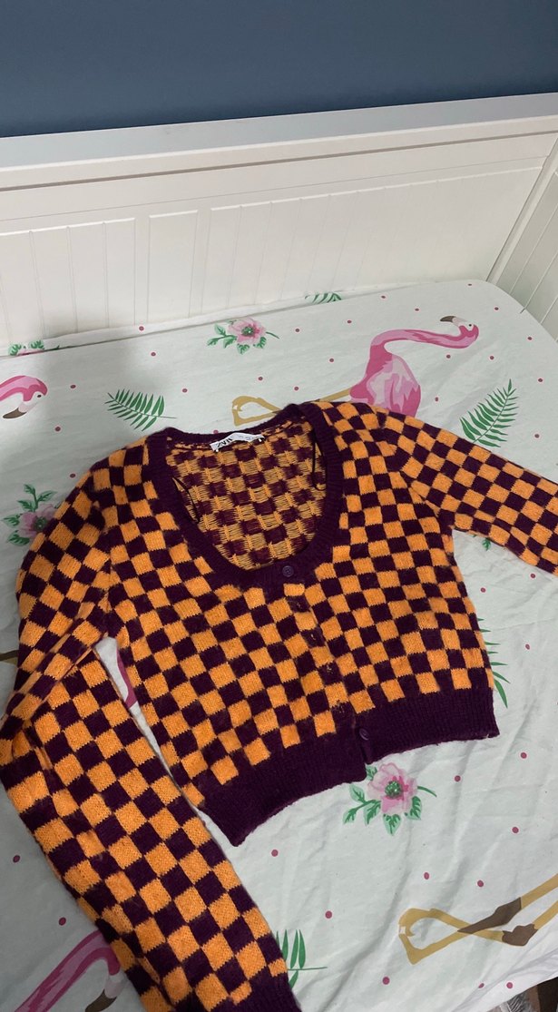 Kadın Çok Renkli Kareli V Yaka Triko Hırka - Görsel 2