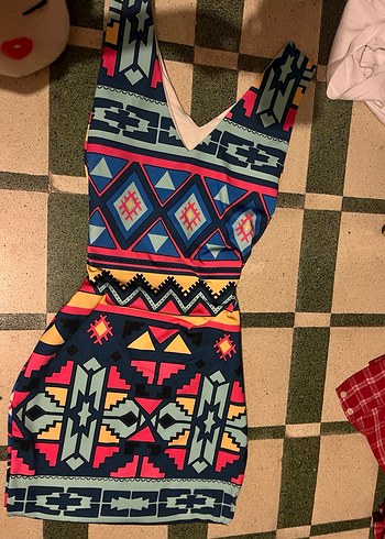 Renkli Bohem V Yaka Uzun Elbise - Görsel 3