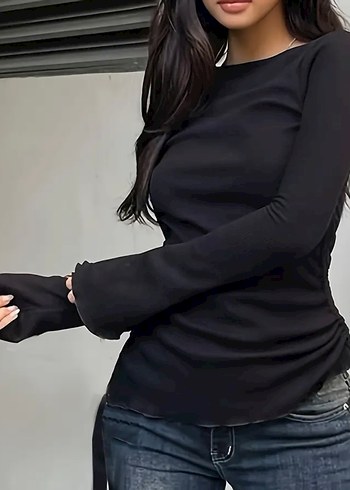 Siyah Yüksek Yakalı Uzun Kollu Kadın Bluz - Görsel 2