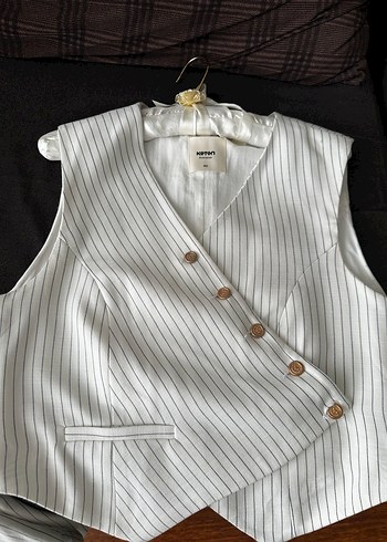 Koton Beyaz Çizgili Keten Pilili Kadın Pantolon - Görsel 4