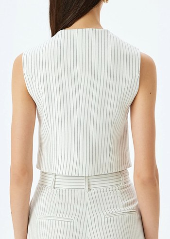 Koton Beyaz Çizgili Keten Pilili Kadın Pantolon - Görsel 3