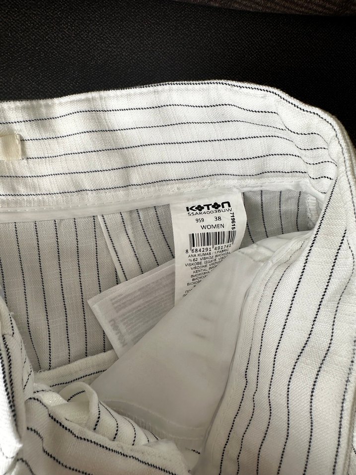 Koton Beyaz Çizgili Keten Pilili Kadın Pantolon - Görsel 5