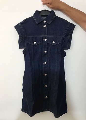 Düğmeli Lacivert Denim Midi Elbise