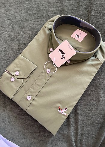 m Beden Düğmeli Uzun Kollu Gri-Khaki Erkek Gömlek