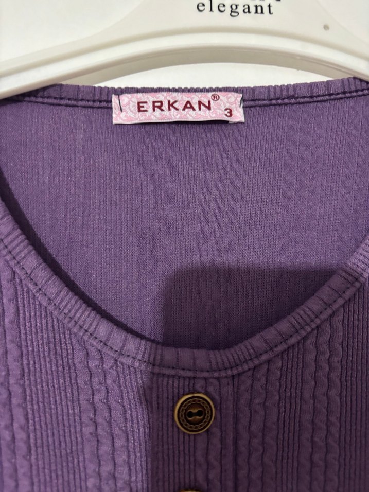 Mor Düğmeli Uzun Kollu Keten Bluz - Görsel 3